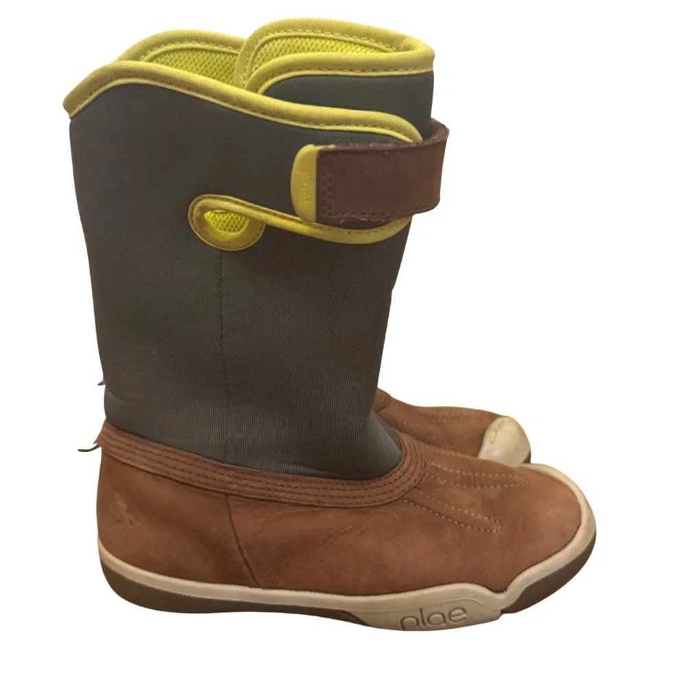 Plae Thandi Kids Waterproof Winter Boots Brown Leather Grey Neoprene size 10.5